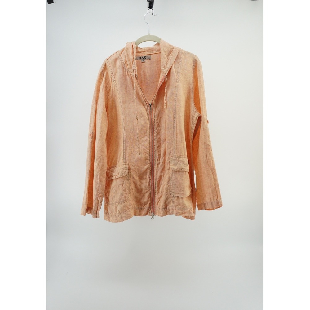 FLAX 100% Linen Zip Up Hoodie Jacket Summer Layer Coastal Lagenlook Peach sz S